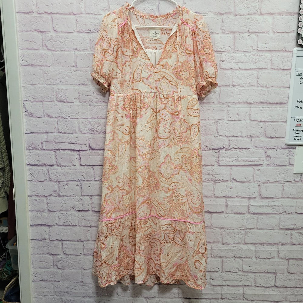 Umgee Boho Paisley Midi Dress S Tiered Puff Sleeve Lightweight Festival Prairie
